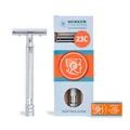 MERKUR Rasierhobel 23C | Klassiker mit langem Griff Glanzchrom | Dreiteiliger Gerader Schnitt | Geschlossener Kamm | Ideal für Nassrasur | Zinkdruckguss | Messing Griffstück | Made in Germany