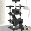 tectake® Katzen Kratzbaum groß, für Katzen und Kitten, mit 2X Katzenhaus, 4X Katzenspielzeug Spielmaus und 2X Katzenleiter zum Klettern, Kratzsäule Sisalseil, Kippschutz mit Wandmontage - schwarz