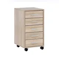 Finebuy Rollcontainer 33 x 63 x 38 cm Holz Schubladenschrank Schreibtisch, Büro Schrank mit 5 Schubladen, Container Rollschrank klein Standcontainer schmal, Schreibtischcontainer mit Rollen Sonoma