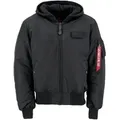 Bomberjacke ALPHA INDUSTRIES "Alpha Industries Men - Bomber Jackets MA-1 Zip Hood Back Print", Herren, Gr. S, schwarz (schwarz, reflective), Obermaterial: 100% Nylon, Futter: 100% Nylon, Kapuze: 75% Baumwolle, 25% Polyester, Füllung: 100% Polyester, Jacken