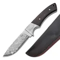 BÖKER PLUS® M-One Damast Jagdmesser - edles Damastmesser mit feststehender Klinge & Leder-Scheide - Fahrtenmesser mit Eben-Holz Griff - Damaszener Outdoor Messer in Geschenk-Box