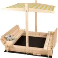 needs&wants® Sandkasten mit Abdeckung Dach Deckel Sitzbank und Boden, Sandkiste Holz quadratisch verschließbar UV-Sonnenschutz mit Bank Outdoor G... - Gelb/Weiß/Braun/Hellbraun/Beige