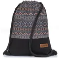 By Bers Leon großer Premium Turnbeutel mit Innentaschen Rucksack Tasche Damen Herren Teenager Gym Bag Draw String 45x34cm für Sport Reise Alltag Einkauf (TB_Boho_Schwarz_010)