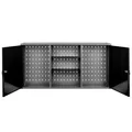 Kreher® Werkstattschrank aus Metall mit 2 abschließbaren Türen, Zwei höhenverstellbaren Einlegeböden und Einer Lochwand. Lackiert in Schwarz. Maße BxTxH ca.: 120 x 19 x 60 cm.