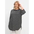 Longshirt SHEEGO "Große Größen", Damen, Gr. 48/50, schwarz-weiß (schwarz, weiß), Obermaterial: 95% Baumwolle, 5% Elasthan, gestreift, sportlich, figurumspielend lang, Rundhals, 3/4-Ärmel, Shirts, mit Streifen und Nacken-Reißverschluss