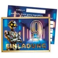 LIMONIA Einladungskarten Roboter neon Einladungen zum 9. Kindergeburtstag Karten Cyber KI blau, Einladungskarten zum neunten Geburtstag mit Techno Roboter blau Motiv