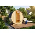 FinnTherm Fass-Sauna Mini XXS, 194 x 130 x 194 cm Gartensauna, Outdoor Sauna mit 42 mm Wandstärke, inkl. Montagematerial, Glastür aus Sicherheits... - Naturbelassen
