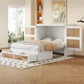 Schrankbett 140 x 200 cm, Wandbett mit Lattenrost, Wandklappbett, vertikales schrankbett mit Lattenrost, mit Stauraumschubladen, Rattan-Design, Holzbetten, Jugendbetten, Einzelbetten, Weiß