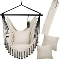 tectake® Hängesessel Outdoor wetterfest oder Indoor mit Tabletfach und Getränkehalterung, Makramee Schaukel für Balkon, Hängestuhl Garten, Hängeschaukel belastbar bis 150 kg - beige