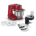 Bosch Küchenmaschine Serie 2, kleine Küchenmaschine, Edelstahl-Schüssel 3,8 L, Knethaken, Schlag-, Rührbesen Edelstahl, Durchlaufschnitzler, 3 Scheiben, 700 W, rot, MUMS2ER01