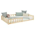 Homestyle4u Bodenbett 120x200 Natur Montessori Kinder Holzbett Kinderbett mit Rausfallschutz Lattenrost