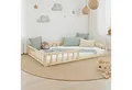 Homestyle4u Kinderbett 90x200 / 120x200 Weiß Natur Holzbett Bodenbett Montessori Kleinkind (Set, mit Lattenrost), mit Rausfallschutz, wechselseitig
