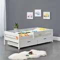 [en.casa] Kinderbett Borgarnes mit Rausfallschutz und Schubladen 90x200 cm Jugendbett mit Schutzgitter bis 100 kg mit Lattenrost Kiefernholz Holz Weiß
