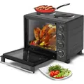 TurboTronic Minibackofen mit Umluft und Drehspieß + 2 Kochplatten 35 Liter, Schwarz, inkl. Backblech, 3200W Mini Tisch Backofen Camping Pizzaofen ...