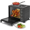 TurboTronic Minibackofen mit Umluft + Drehspieß 35L und 2 Kochplatten Backblech, 3200W Mini Tisch Backofen Camping Pizzaofen Klein/Groß