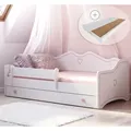 Mädchenbett Kinderbett Jugendbett 80x180 mit Matratze Rausfallschutz & Schublade | Prinzessin Kinder Sofa Couch Bett umbaubar weiß rosa - Weiß
