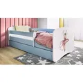 Kinderbett Jugendbett Tänzerin 70x140, 80x160, 80x180 cm - Komplettset mit Matratze, Schublade & Rausfallschutz - Blau