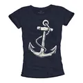 Ausgefallenes Damen T-Shirt mit Anker Aufdruck - Farbe dunkelblau Größe S