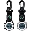 JewelryWe 2pcs Karabineruhr Digital Clip on Quarzuhr Karabiner Taschenuhr mit Leuchtendem Zifferblatt Kalender Wecker Kompass, FOB Uhr für Ärzte Krankenschwestern Sanitäter Köche Sport Unisex