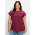 Spitzenshirt SHEEGO "Spitzenshirt", Damen, Gr. 48/50, lila (beere), 100% Viskose, unifarben, Rundhals, Shirts