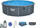 Bestway® Hydrium™ Stahlwandpool Komplett-Set mit Sandfilteranlage Ø 488 x 132 cm, Holz-Optik (Grau), rund