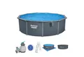 Bestway Framepool 561CU Hydrium™ Stahlwandpool Komplett Set (Komplett Set, 1-tlg., Pool, Sandfilteranlage, Leiter, Planen, Chemikaliendosierer), Ø 488 x 132 cm, Holz Optik (Grau)