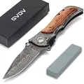 GVDV Klappmesser 7Cr17 Edelstahl - Taschenmesser Holzgriff mit Liner Lock & Wetzstein, Outdoor Survival Messer für Camping, Jagd, mit Gürtelschnalle + Titanbeschichtete Klinge