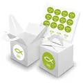 itenga Set Fisch 24x Würfelbox mit Griff inkl Aufkleber Sticker für Gastgeschenke Taufe Kommunion Konfirmation (Grün (mit Text), Karton (Weiß))
