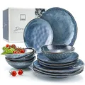 SÄNGER | Tafelservice Darwin 12 tlg, Steingut Geschirrset 4 Personen, Teller Set in Blau inkl. Speiseteller Dessertteler & Tiefe Teller, Essgeschirr, Geschirr Set Handmade | PREMIUM COLLECTION