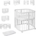 Mobiles Babybett aus Holz 7in1 mit Matratze, mitwachsend,Ohne Stoffset,Holz weiß - Weiß
