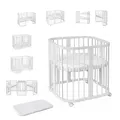 Waldin Babybett aus Holz 7in1 mit Matratze, Mitwachsendes Kinder-Bett, Belüftet, Boden 5-Fach Verstellbar, All-Inclusive-Set, Holz Weiß