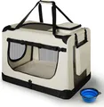 Juskys Hundetransportbox Lassie L (beige) faltbar - 50 x 70 x 52 cm - Reisebox mit Decke, Tasche & Griffen – Stoff Transportbox für Hunde