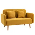 HOMCOM 2 Sitzer Sofa, Couch mit 2 Wurfkissen, gepolsterter Doppelsofa, Polstersofa mit Samtopik, Armlehne, Loveseat für Wohnzimmer, Schlafzimmer, 130 x 70 x 80 cm, Gelb
