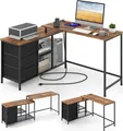 COSTWAY L-förmiger Schreibtisch mit Steckdose, 3 Stoffschubladen & Gitterablagen, 205cm Computertisch, reversibler Eckschreibtisch