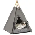PawHut Tipi Zelt für Haustiere, Katzenzelt mit abnehmbar und waschbar Kissen, Katzenhaus mit rutschfestem Boden, Spielball, für Katzen unter 5kg, Mini Hunde, 60 x 60 x 76 cm, Grau