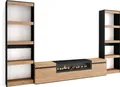 Wohnwand Wohnzimmer, 320x35x186cm, Für TV-Geräte bis zu 80", Elektrokamin, Eiche und Schwarz