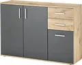 Kommode - 120 x 84 cm - 3 Türen - 2 Schubladen - Grau matt - Viking Eiche Nachbildung