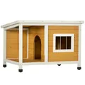 PawHut Hundehütte Outdoor, Hundehaus aus Holz mit Aufklappbares Asphaltdach, wetterfest Hundehöhle mit Terrasse Hütte für kleine Hunde, draußen Orange, 85,5 x 62 x 60 cm