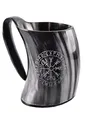 Battle-Merchant | Hochwertiger Wikinger Bierkrug aus Horn mit Vegvísir Motiv | Hornkrug Wegweiser Graviert | Mittelalterlicher Met-Krug bis zu 800ml