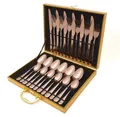[Besteckset 24 tlg. [Wooden Box] in verschiedenen Farben] glänzendes Edelstahlbesteck für. 6 Personen Messer, Gabel, Löffel Cutlery Set mit Geschenkbox, Farben:Rose Gold