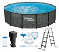 Summer Waves Frame Pool Komplettset | Rund 427x107 cm Rattanoptik Grau | Aufstellpool Set | Gartenpool & Schwimmbecken inkl. Filterpumpe, Einstiegsleiter, Abdeckplane, Bodenvlies & Reinigungsset