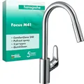 hansgrohe Focus M41 - Küchenarmatur mit Brause ausziehbar, 2 Strahlarten, Wasserhahn Küche mit Auslaufhöhe 240 mm, Mischbatterie Küche 150° schwenkbar, Chrom, 31815000