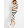 Strickkleid HECHTER PARIS, Damen, Gr. 44, N-Gr, schwarz (sanftes weiß, schwarz, gestreift), Feinstrick, Obermaterial: 70% Viskose, 30% Polyamid, gestreift, geringelt, feminin, figurbetont wadenlang, Rundhals, Kurzarm, Kleider, wadenlang, modern, aus Viskosemischung, Kurzarm