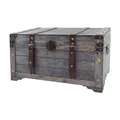 Truhe Aufbwahrungsbox KUBA Holz grau Metall- Kunstlederapplikationen 70x35x38 cm