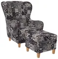 Supellex Ohrensessel Sofia Relaxsessel mit Hocker – Flora Dunkelgrau Beige gemustert
