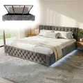 Juskys Polsterbett Nizza 180x200 cm Samt mit Stauraum, LED Beleuchtung & Lattenrost - Chesterfield Steppung & Kopfteil - Bett Bettgestell - Grau