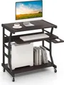 COSTWAY Schreibtisch mit Rollen, Tastaturablage, platzsparender Computertisch PC-Tisch mit Ablagefläche unten und Haken, industrieller Laptoptisch für das Heimbüro, vintagebraun