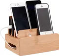 Relaxdays Bambus Ladestation, Schreibtisch Handyhalter f. 6 Geräte, Holz Kabelbox f. Ordnung, HBT 9 x 17 x 13 cm, natur