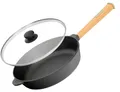 Ø28cm Gusseisenpfanne 70mm hoch mit Holzgriff und Glasdeckel Induktion Bratpfanne