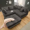 Wohnlandschaft KENT 220cm grau Samt Ecksofa Federkern inkl. Hocker & Kissen